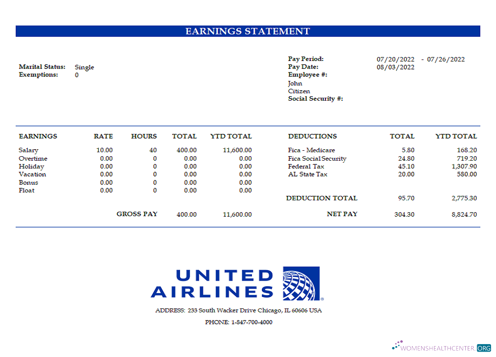 Download USA United Airlines Holdings airlines company pay stub Photoshop template